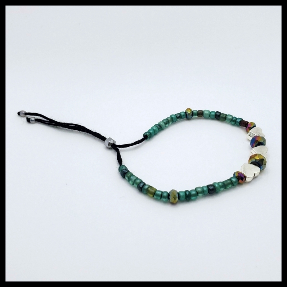 Sea Green and Silver Hearts Friendship Bracelet